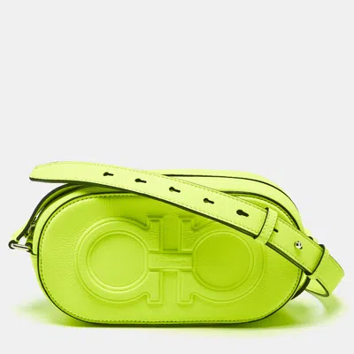 Pre-owned Ferragamo Neon Green Leather Double Gancio Crossbody Bag