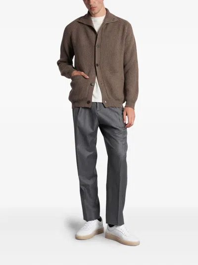 Greyed Button Ribbed Cardigan In Brown