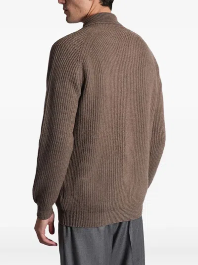 Greyed Button Ribbed Cardigan In Brown