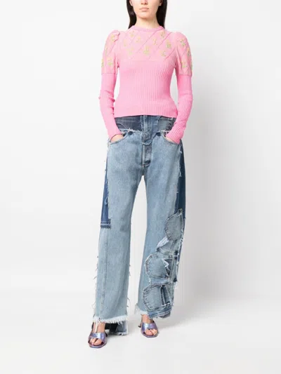 Cormio Crew-neck Wool Blend Sweater With Floral Embroideries In Yellow