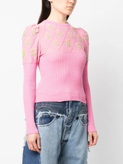 Cormio Crew-neck Wool Blend Sweater With Floral Embroideries In Yellow