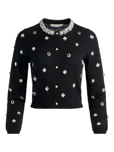 Alice And Olivia Dollie Embellished Cardigan Sweater In Black