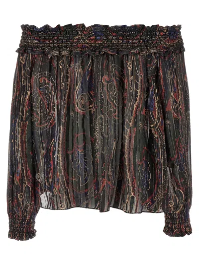 Saint Laurent Smocked Off-the-shoulder Blouse Ruffled Neckline In Brown