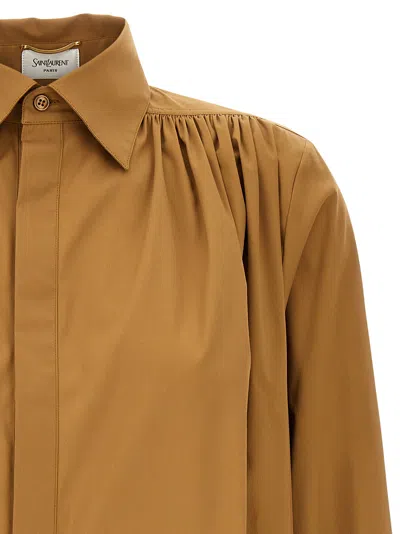 Saint Laurent Gathered Cotton-blend Blouse In Brown