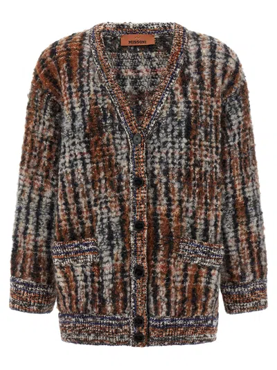 Missoni Multicolor Cardigan With V-neck Front And All-over Check Motif In Wool And Mohair Blend Woman In Brown