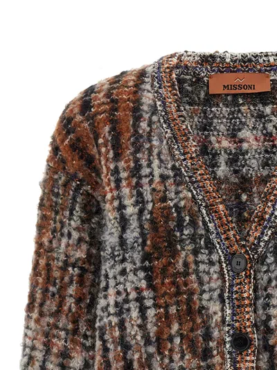 Missoni Multicolor Cardigan With V-neck Front And All-over Check Motif In Wool And Mohair Blend Woman In Brown