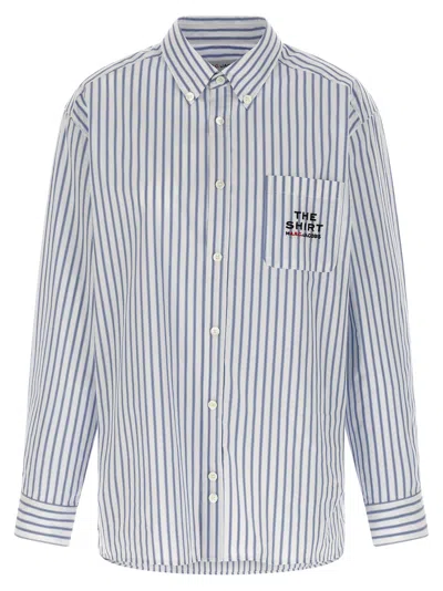 Apc Oversized Striped Button-down Shirt With Logo Details In Blue