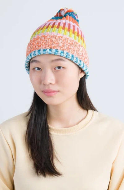 Verloop Mosaic Stripe Pompom Beanie In Multi