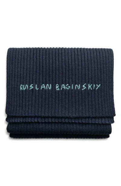 Ruslan Baginskiy Monogram Embroidered Merino Wool Scarf In Blue