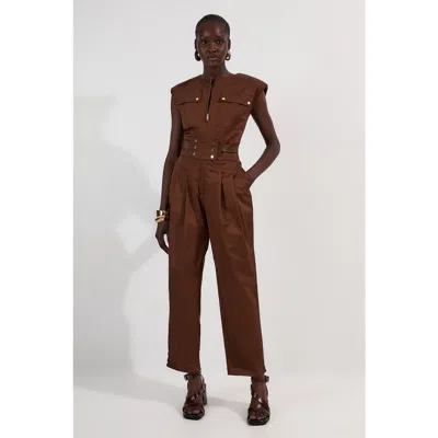 Karen Millen Cotton & Faux Leather Utility Jumpsuit In Brown