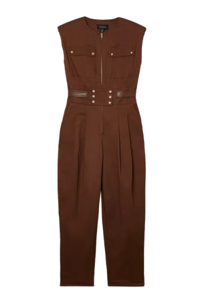 Karen Millen Cotton & Faux Leather Utility Jumpsuit In Brown