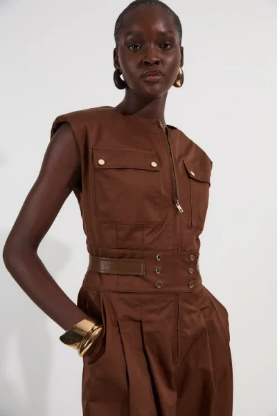 Karen Millen Cotton & Faux Leather Utility Jumpsuit In Brown