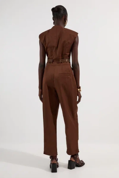 Karen Millen Cotton & Faux Leather Utility Jumpsuit In Brown