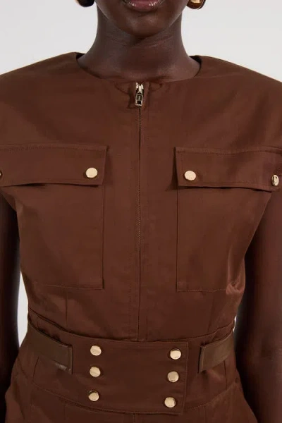 Karen Millen Cotton & Faux Leather Utility Jumpsuit In Brown