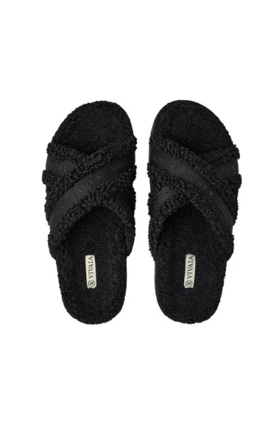 Vivaia Furry Criss-cross Strap Slippers In Black