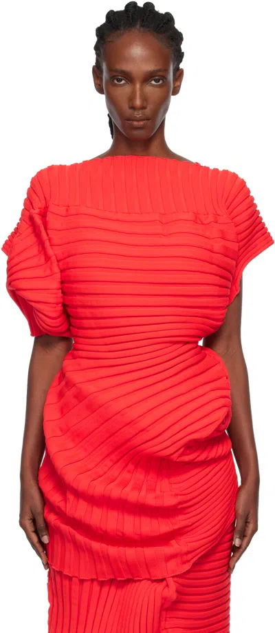 Issey Miyake Ribbed-knit Short-sleeved Top In Red