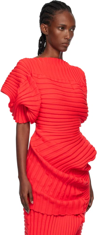 Issey Miyake Ribbed-knit Short-sleeved Top In Red