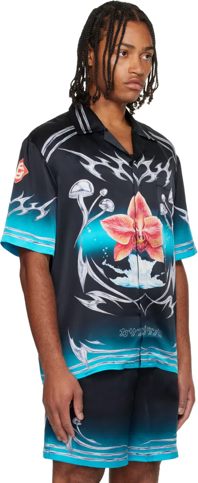 Casablanca Black Blades Short Sleeve Silk Satin Shirt In Multi