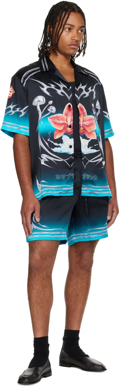 Casablanca Black Blades Short Sleeve Silk Satin Shirt In Multi