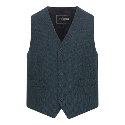 Triona Men's Green & Navy Herringbone Michael Irish Tweed Waistcoat In Green