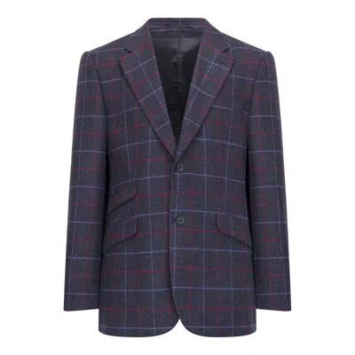 Triona Men's Blue Navy & Red Windowpane Merino And Cashmere James Classic Tweed Jacket In Purple