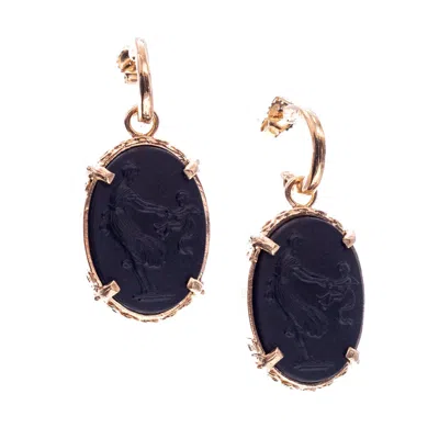 Gem Kingdom Women's Gold Plated Earrings With Black Cameo In Blue
