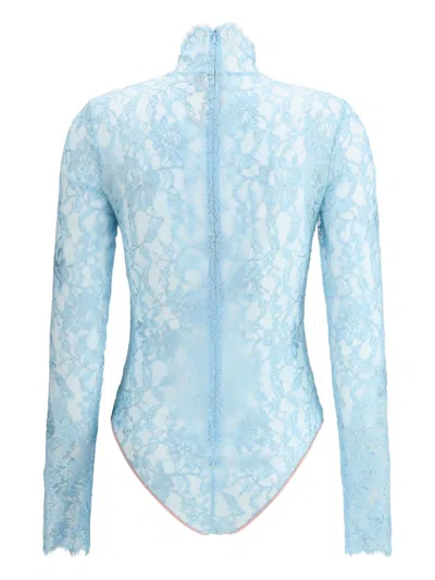 Valentino High Neck Long Sleeve Floral Lace Bodysuit In Blue