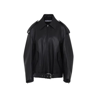 Acne Studios Leather Jacket With Belted Waist And Epaulettes In Black