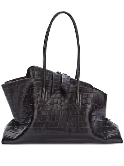 Attico La Passegiata Medium Asymmetric Croc-effect Leather Tote In Black