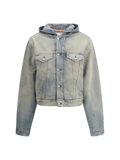 Acne Studios Cropped Denim Jacket With Hood In Gray