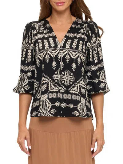 Renee C Women's Ikat Print Woven Three-quarter Sleeve Top In Black