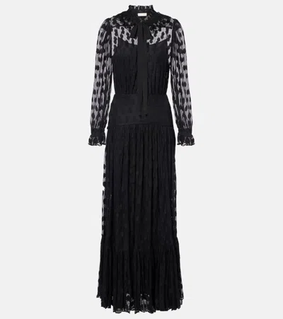Ulla Johnson Soraya Polka-dot Tie-neck Mesh Maxi Dress In Black