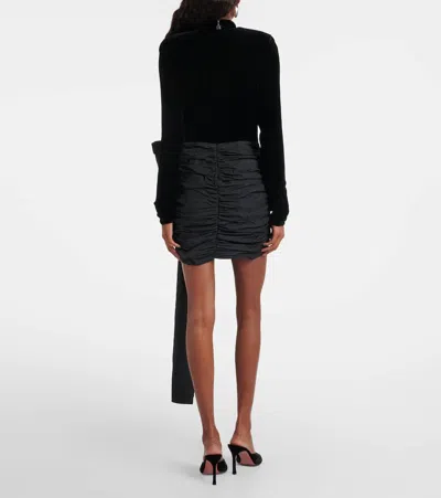 Rotate Birger Christensen Bow-detail Ruched Velvet Minidress In Black