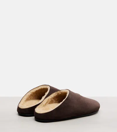 The Row Hudson Suede Leather Slide Sandal In Brown