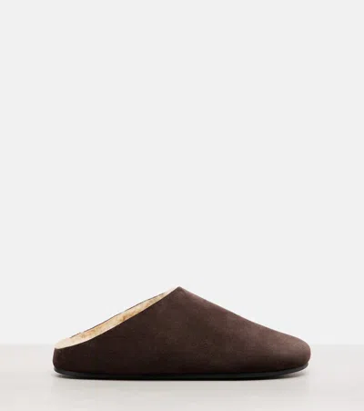 The Row Hudson Suede Leather Slide Sandal In Brown
