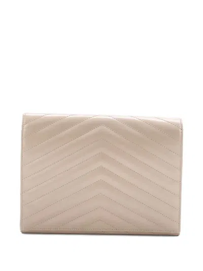 Pre-owned Saint Laurent Classic Monogram Envelope Wristlet Matelasse Chevron Leather Clutch Bag In Neutral