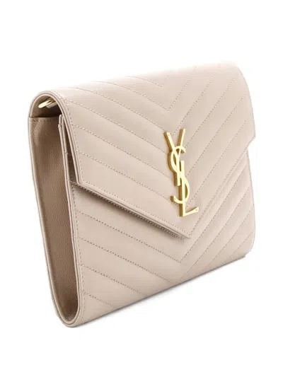 Pre-owned Saint Laurent Classic Monogram Envelope Wristlet Matelasse Chevron Leather Clutch Bag In Neutral