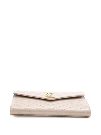 Pre-owned Saint Laurent Classic Monogram Envelope Wristlet Matelasse Chevron Leather Clutch Bag In Neutral