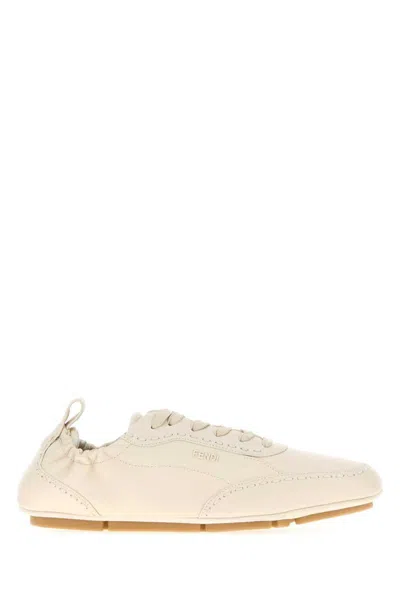Fendi Low Profile Leather Sneakers With Round Toe In White