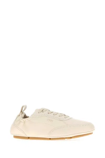 Fendi Low Profile Leather Sneakers With Round Toe In White