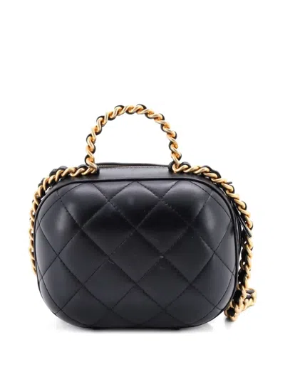 Pre-owned Chanel Cc Bubble Top Handle Vanity Case With Chain Quilted Lambskin Small Satchel In Black