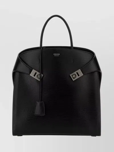 Ferragamo Structured Leather Shopping Bag With Top Handle In Black