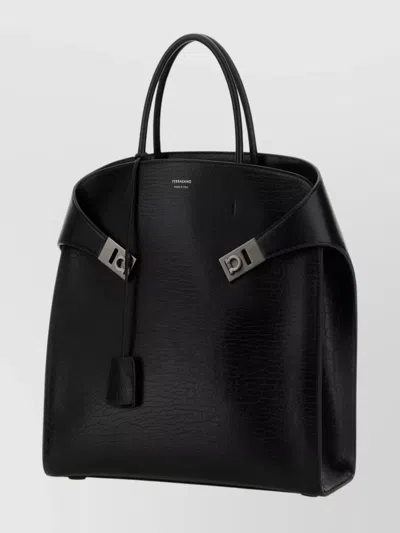 Ferragamo Structured Leather Shopping Bag With Top Handle In Black