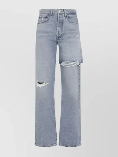 Agolde Cotton Denim Ripped Trousers In Blue