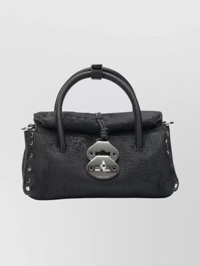 Zanellato Structured Black Hammered Leather Bag With Twist Lock Closure In Black