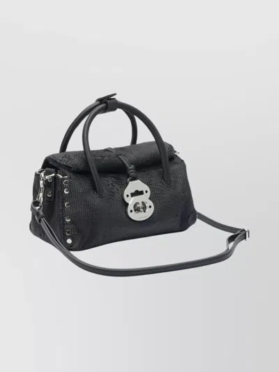 Zanellato Structured Black Hammered Leather Bag With Twist Lock Closure In Black