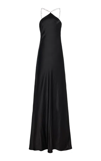 Staud Cadence Faux Pearl-embellished Satin Maxi Dress In Black