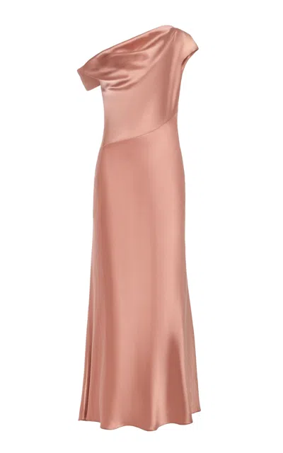 Sev Off-the-shoulder Draped Satin Maxi Dress In Brown
