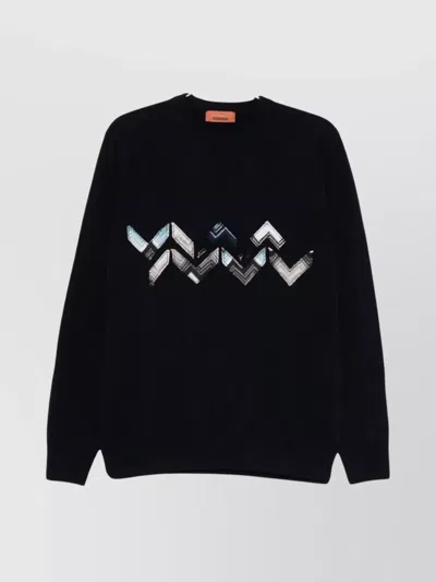 Missoni Knitted Crew Neck Sweater With Zigzag Detail In Black