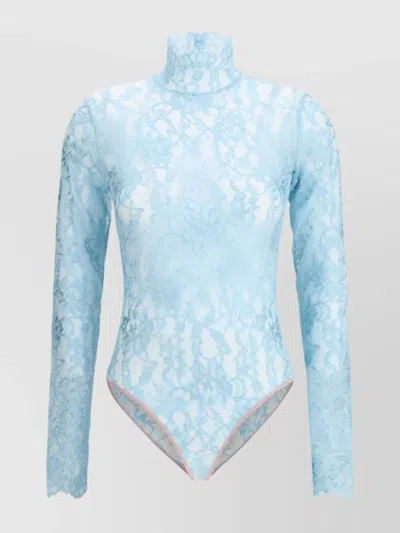 Valentino High Neck Long Sleeve Floral Lace Bodysuit In Blue